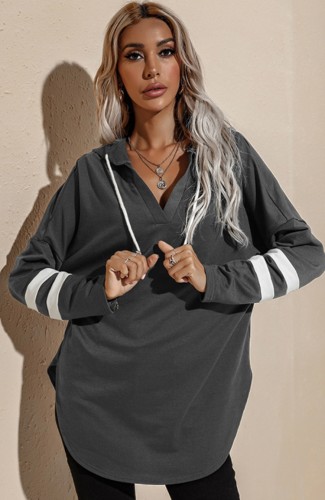 Grey V-Neck Long Sleeves Side Slit Hoody Shirt