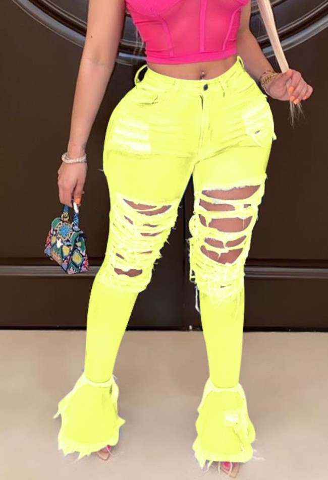 Yellow Ripped Distressed Flare Jeans