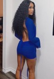 Blue Deep-V Mesh Overlap Long Sleeves Mini Dress