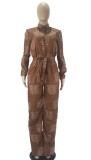 Letter Printed Brown Button Up Stand Collar Long Sleeve Jumpsuit with Belt