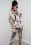 Leaf Print Button Up Long Sleeves Blouse and Pants Two Piece Set