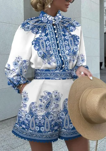 Blue Printed Buttoned Up Stand Collar Long Sleeve Top and Shorts Two Piece Set