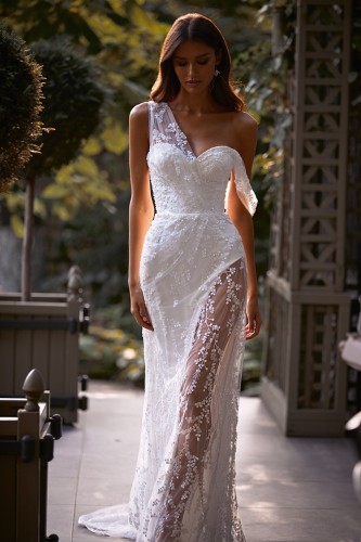 Floral Lace White One Shoulder Slit Long Wedding Dress