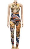 Leopard Halter Cut Out Bodysuit and High Waist Pants Two Piece Set