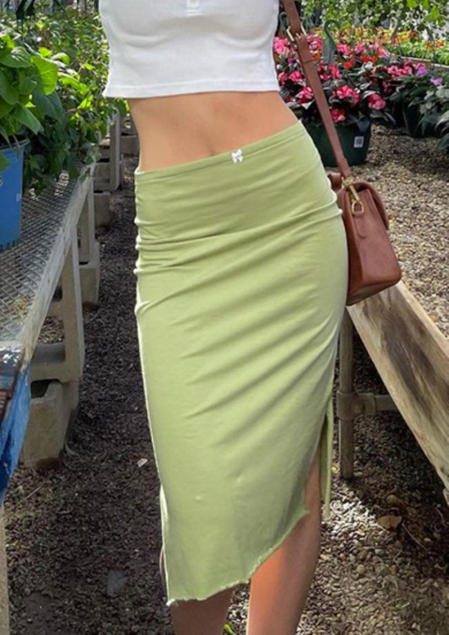 Light Green High Waist Slit Tight Pencil Skirt