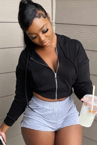 Black Zip Up Short Crop Hoodie