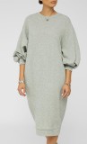 Grey Bubble Sleeve Drop Shoulder O-Neck Long Dress