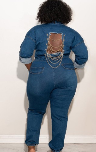 Plus Size Dark Blue Button Up Long Sleeve Denim Jumpsuit