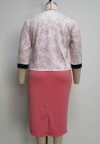 Plus Size Pink O-Neck Office Dress and Floral Coat Two Piece Set