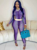 Purple Snake Skin Printed Long Sleeve Top and Tight Pants Two Piece Set