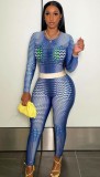 Blue Snake Skin Printed Long Sleeve Top and Tight Pants Two Piece Set