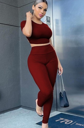 Red Short Sleeve O-Neck Tight Crop Top and Pant Two Piece Set