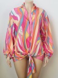 Plus Size Colorful Bubble Sleeve Knotted Blouse Dress