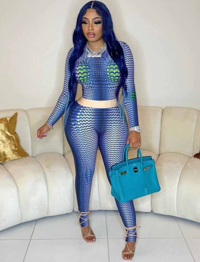 Blue Snake Skin Printed Long Sleeve Top and Tight Pants Two Piece Set