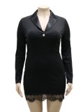Plus Size Black Lace Patch Turndown Collar Long Sleeves Fitted Dress