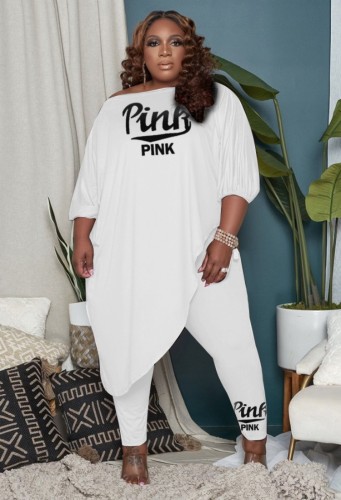Plus Size White Half Sleeve Loose Irregular Shirt and Matching Fitted Pants Two Piece Set
