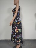 Butterfly Black Sleeveless V-Neck Slit Maxi Dress