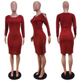 Red Button Cut Out Long Sleeve Fitted Midi Dress