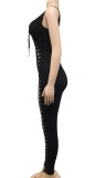 Black Ribbed Lace Up Sleeveless Slinky Vest Jumpsuit