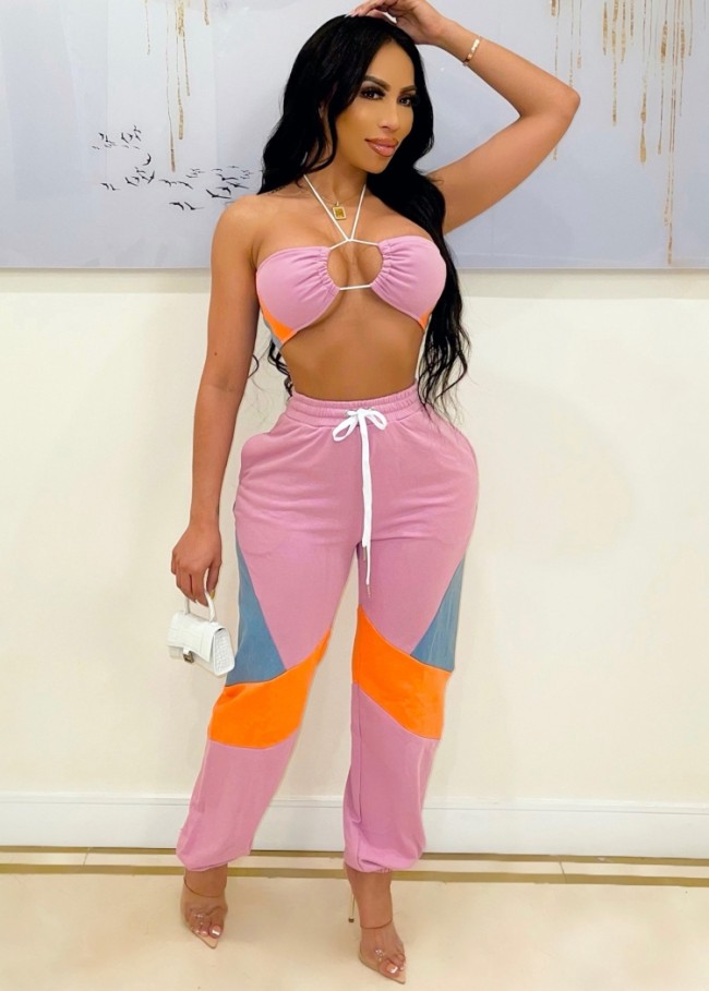 Pink Color Block Strapless Halter Bra and Drawstring Pants Two Piece Set