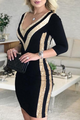 Gold and Black Sequin Long Sleeve V-Neck Fitted Dress