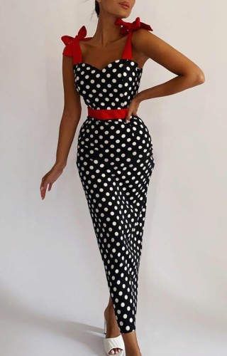 Dot Print Knotted Cami Maxi Bodycon Dress