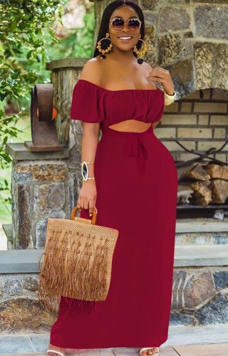 Red Off Shoulder Cut Out Knotted Maxi Dress
