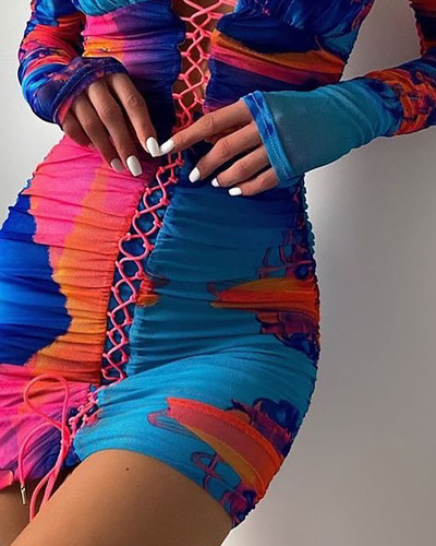 Print Blue Lace-Up Ruched Cami Mini Dress