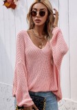 Pink V-Neck Drop Shoulder Loose Crochet Sweater Top