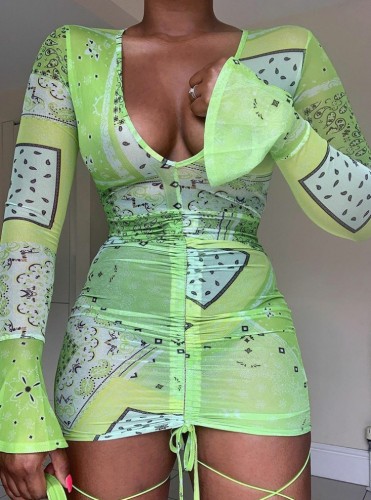 Green Print V-Neck Flare Sleeve Ruched Mini Dress