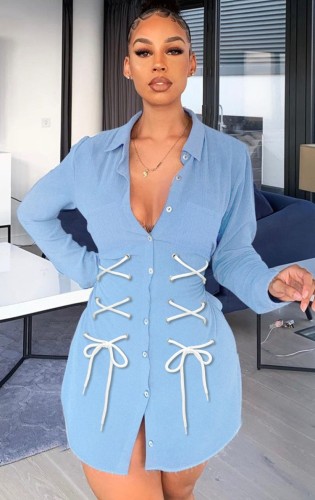 Blue Lace-Up Button Open Long Sleeves Blouse Dress