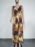 Floral Brown Sleeveless V-Neck Slit Maxi Dress