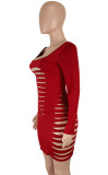 Red Ripped Long Sleeve U-Neck Mini Bodycon Dress
