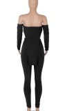 Black Off Shouder Long Sleeve Irregular Top and Ruched Pants Two Piece Set