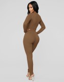 Brown Long Sleeve O-Neck Sheath Top and Pant Two Piece Set