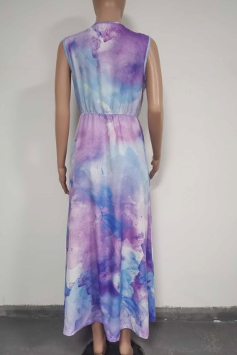 Tie Dye Purple Sleeveless V-Neck Slit Maxi Dress