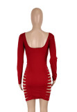 Red Ripped Long Sleeve U-Neck Mini Bodycon Dress