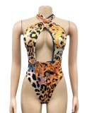 Leopard Halter Cut Out Bodysuit and High Waist Pants Two Piece Set