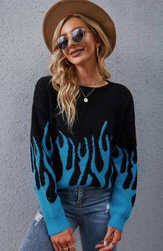 Black and Blue Flames Long Sleeve O-Neck Drop Shoulder Sweater