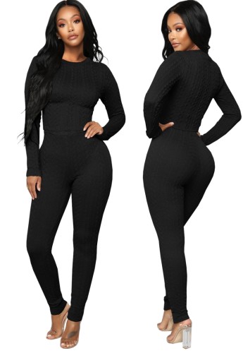 Black Long Sleeve O-Neck Sheath Top and Pant Two Piece Set