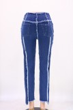 Dark Blue Patchwork High Wasit Jeans with Pocket