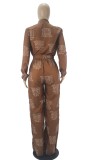 Letter Printed Brown Button Up Stand Collar Long Sleeve Jumpsuit with Belt