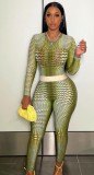 Yellow Snake Skin Printed Long Sleeve Top and Tight Pants Two Piece Set