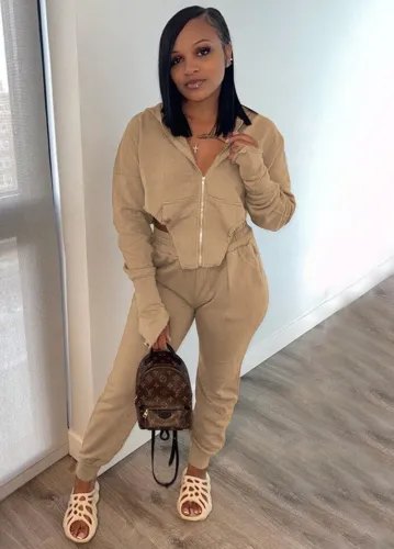 Khaki Zipper Open Long Sleeve Irregular Hoody Top and Pant Two Piece Set