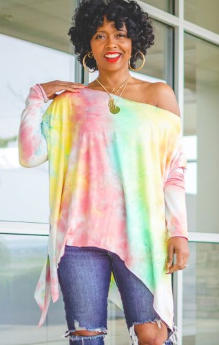 Tie Dye Print Drop Shoulder Long Sleeves Irregular Loose Shirt