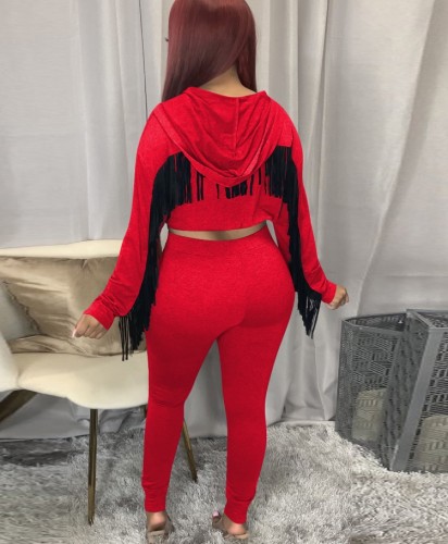 Red Zipper Open Tassel Long Sleeve Hoody Top and Pant Two Piece Set