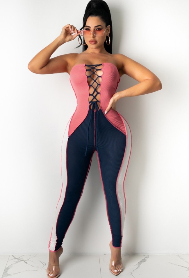 Patchwork Lace-Up Strapless Ribbed Tight Jumpsuit