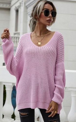 Rose V-Neck Drop Shoulder Loose Crochet Sweater Top