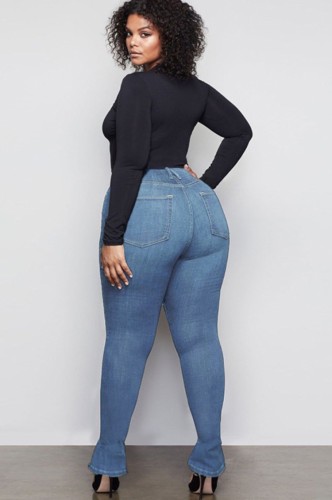 Plus Size Blue High Waist Slit Bodycon Jeans