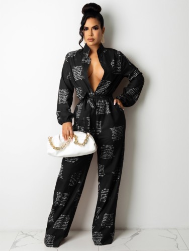 Letter Printed Black Button Up Stand Collar Long Sleeve Jumpsuit with Belt